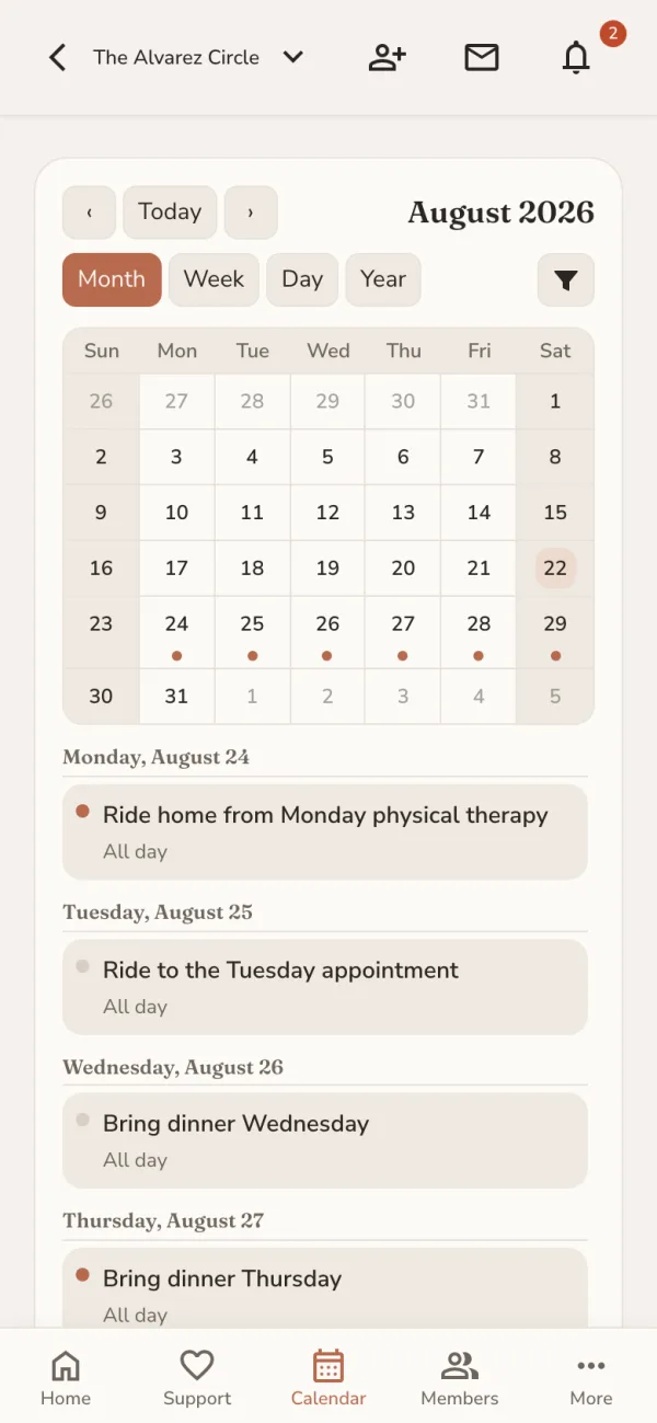 A month calendar for August with dots on six dates, above a list of scheduled support: a ride home from Monday physical therapy, a ride to a Tuesday appointment, and dinner on Wednesday and Thursday.